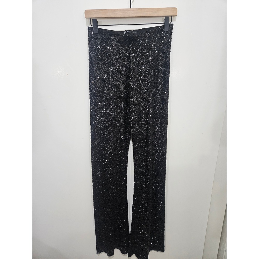 Zara Black Sequin High Waisted Flare Leg Pants Women Small 0986/022 Party
